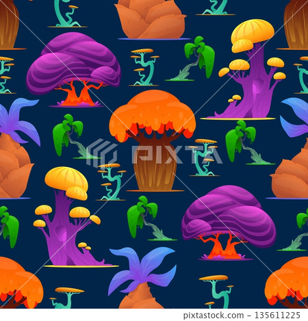 Bright fantastical trees seamless pattern. Fairytale plants on dark background. Alien greenery. Color unusual leaves. Mystical garden. Fabulous environment. Vector botanical wallpaper 135611225