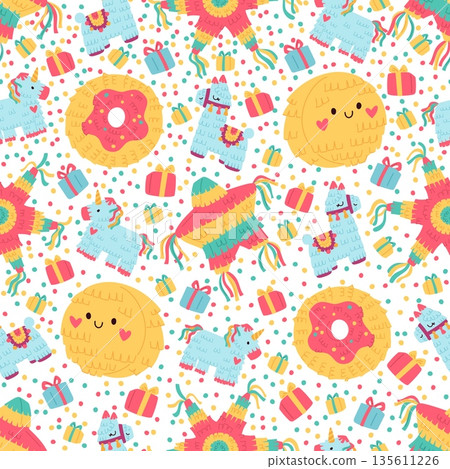 Bright pinatas seamless pattern. Various carnival toys with sweets and confetti inside for celebrating birthdays. Mexican party. Paper containers. Llama and donut shapes. Vector background Bright pinatas seamless pattern. Various carnival toys with sweets and confetti inside for celebrating birthdays. Mexican party. Paper containers. Llama and donut shapes. Vector background 135611226