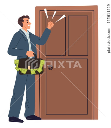 Businessman with suitcase full of money knocking on door. Offering investment or new opportunities. Man carrying financial profit. Debt payments. Bag with banknotes. Vector concept 135611229
