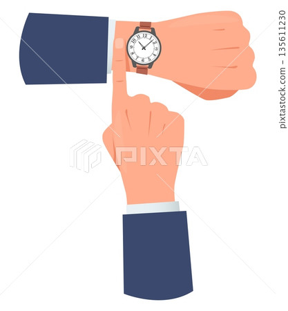 Businessmans hands with wristwatch. Employee checking timepiece. Man showing to clock. Punctual management. Arm with accurate watch. Finger pointing. Vector concept of time for business 135611230