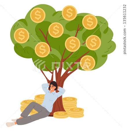 Businesswoman relaxes under money tree on stacks of golden coins. Savings growth. Successful investment. Deposit fund revenue. Investors wealth. Vector concept of financial success Businesswoman relaxes under money tree on stacks of golden coins. Savings growth. Successful investment. Deposit fund revenue. Investors wealth. Vector concept of financial success 135611232