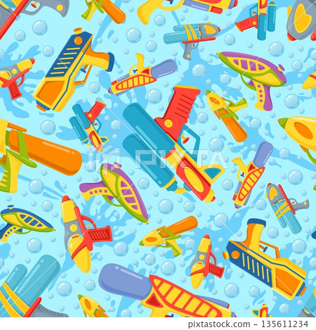 Childrens toy water pistols in splashes of water and air bubbles seamless pattern. Game plastic gun. Kids weapon. Repeated print. Handgun shooting. Songkran wet blaster. Vector background Childrens toy water pistols in splashes of water and air bubbles seamless pattern. Game plastic gun. Kids weapon. Repeated print. Handgun shooting. Songkran wet blaster. Vector background 135611234