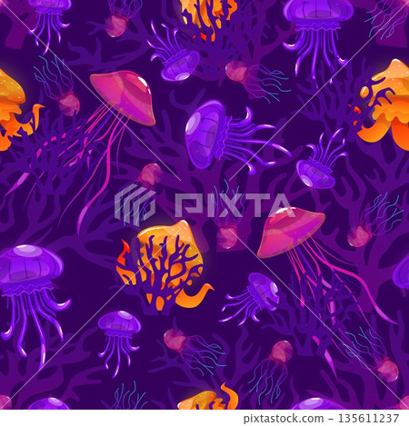 Colorful underwater jellyfish float among corals and algae in seamless pattern. Undersea animal. Luminous inhabitants. Invertebrate creatures. Marine fauna. Vector purple background Colorful underwater jellyfish float among corals and algae in seamless pattern. Undersea animal. Luminous inhabitants. Invertebrate creatures. Marine fauna. Vector purple background 135611237