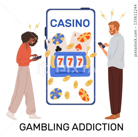 Gambling addiction. Men and women emotionally dependent on online mobile casino. Smartphone application. Winning chips. Addicted people with phones. Slot machine win. Vector concept Gambling addiction. Men and women emotionally dependent on online mobile casino. Smartphone application. Winning chips. Addicted people with phones. Slot machine win. Vector concept 135611244
