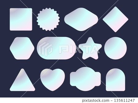 Gradient tags. Holographic stickers. Metallic labels mockup. Iridescent stamps. Guarantee emblem. Foil seals. Various geometric forms. Polished surface. Vector blank silver badges set 135611247