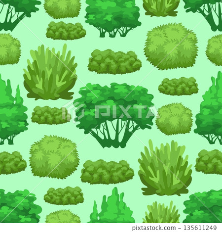 Green plants seamless pattern. Summer bushes and trees. Shrubbery lush foliage leaves. Park woods greenery. Landscape elements. Repeated botanical print. Natural shrubs. Vector background 135611249