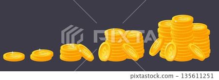 Growing stack of gold coins. Financial growth in investment. Golden cash. Money success. Savings deposit. Wealth income progress. Fund revenue. Vector concept of increasing profits 135611251