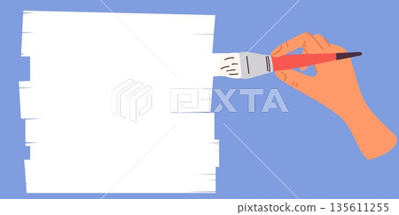 Hand holds brush with white paint. Arm painting banner for text and advertising. Art classes. Decorator coloring whitewash wall. Home renovation. Paintbrush swears. Vector background 135611255
