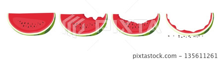 Large cut piece of watermelon. Whole, bitten and eaten fruit. Fresh red berry with seeds and peels. Natural healthy dessert. Chopped melon part and rind. Isolated food slices vector set Large cut piece of watermelon. Whole, bitten and eaten fruit. Fresh red berry with seeds and peels. Natural healthy dessert. Chopped melon part and rind. Isolated food slices vector set 135611261