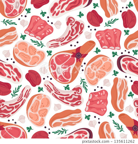 Meat products seamless pattern. Ribs and boiled pork. Ham slice. Beef liver and fillet. BBQ steak. Repeated print. Gastronomy delicacy. Repeated print. Butcher shop. Vector background 135611262