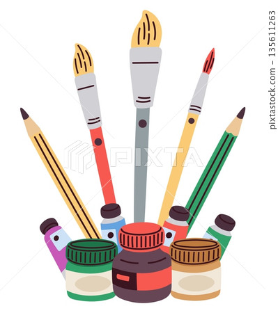 Paints and brushes. Acrylic ink tubes and jars. Painting tools. Accessories for creative hobby. Pigment palette. Paintbrush and pencil. Gouache closed pots. Vector painter instruments 135611263