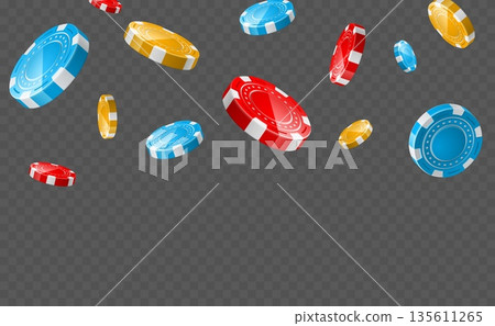 Realistic multicolored casino chips fall from above on transparent background. Gambling tokens falling down. Winning plastic circles. Gamble round coin. Blackjack fortune. Vector backdrop 135611265