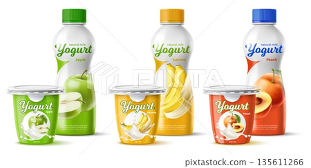 Realistic packaging design for yogurt. Dairy products. Plastic containers mockup. Drinking yoghurt. Apple and banana taste. Fermented milk jar. Isolated closed pots. Vector packages set Realistic packaging design for yogurt. Dairy products. Plastic containers mockup. Drinking yoghurt. Apple and banana taste. Fermented milk jar. Isolated closed pots. Vector packages set 135611266