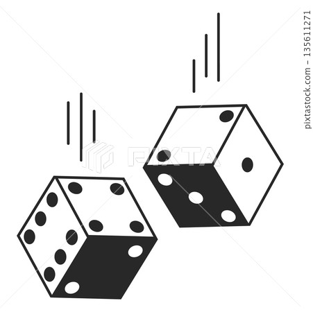 Two black and white dice fall down onto gaming table. Casino games. Toss or throw line cubes. Lucky chance. Vegas craps falling motion. Roulette win betting. Vector concept of gambling 135611271