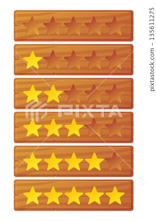 Wooden frame. Stars representing level completion rating in computer game. Ranking wood bar. Satisfaction vote. User review. Gamer opinion. Interface timber design. Vector GUI element Wooden frame. Stars representing level completion rating in computer game. Ranking wood bar. Satisfaction vote. User review. Gamer opinion. Interface timber design. Vector GUI element 135611275