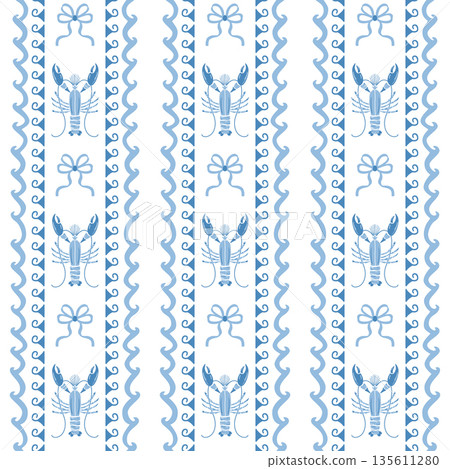 Vertical striped sea seamless pattern. Vector ocean waves, lobster, bows. Blue summer beach repeat background. Vertical striped sea seamless pattern. Vector ocean waves, lobster, bows. Blue summer beach repeat background. 135611280