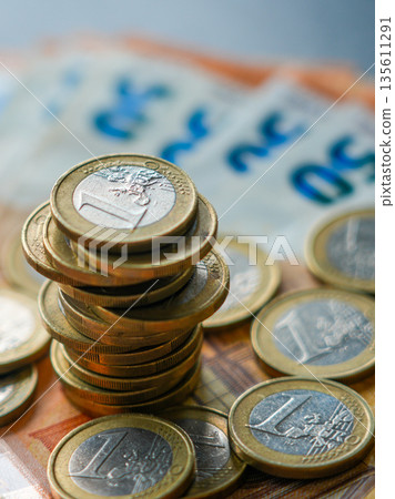 Stack of euro coins on euro banknotes background representing savings, finance and investment Stack of euro coins on euro banknotes background representing savings, finance and investment 135611291