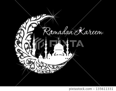 Ramadan monochrome symbol: moon and mosque. Hand drawn. Not AI, vector illustration. 135611331