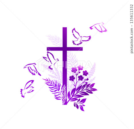 Religious violet cross with flowers and birds. Happy Easter. Hand drawn. Not AI, vector illustration 135611332