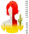 Double exposure effect shows girl with desert landscape and cacti in warm colors during daytime in a creative scene 135611350