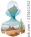 Double exposure artwork showing a girl with a desert landscape in her silhouette featuring mountains and cactus 135611352