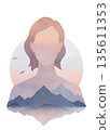 Double exposure art showing a girl with mountains and a sunset scene blending in the background, creating a unique visual experience 135611353