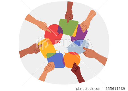 Exchange opinions and discussion of important issues between people holding dialogue boxes in hands 135611389