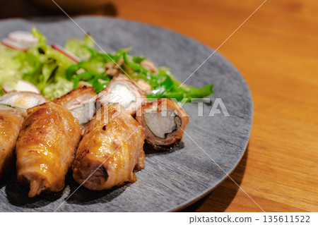 Pork meat roll cross section close-up food photo Pork meat roll cross section close-up food photo 135611522