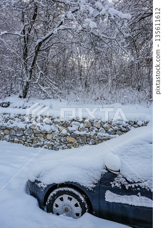 Front Half of Dark Car Covered in Snow on Winter Road 135611612