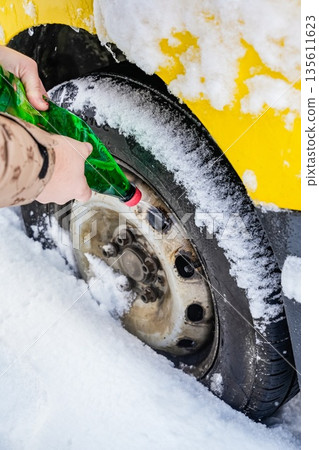 Hands Pouring Hot Water to Deice Frozen Car Wheel Hands Pouring Hot Water to Deice Frozen Car Wheel 135611623