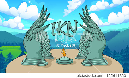 Statue of Kusuma Bangsa Cartoon, New Capital City Nusantara Indonesia, Vector Illustration 135611830