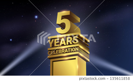 5th Years Celebration, 3D Gold Statue with Spotlights, Luxury Hollywood Light, Vector Illustration 5th Years Celebration, 3D Gold Statue with Spotlights, Luxury Hollywood Light, Vector Illustration 135611858
