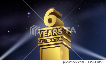 6th Years Celebration, 3D Gold Statue with Spotlights, Luxury Hollywood Light, Vector Illustration 6th Years Celebration, 3D Gold Statue with Spotlights, Luxury Hollywood Light, Vector Illustration 135611859