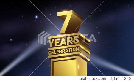 7th Years Celebration, 3D Gold Statue with Spotlights, Luxury Hollywood Light, Vector Illustration 135611860