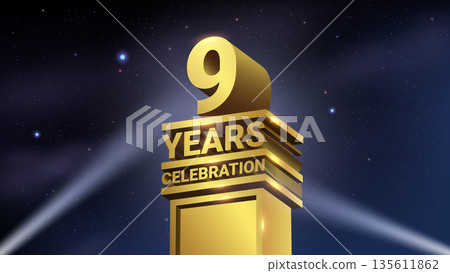 9th Years Celebration, 3D Gold Statue with Spotlights, Luxury Hollywood Light, Vector Illustration 9th Years Celebration, 3D Gold Statue with Spotlights, Luxury Hollywood Light, Vector Illustration 135611862