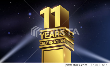 11th Years Celebration, 3D Gold Statue with Spotlights, Luxury Hollywood Light, Vector Illustration 135611863