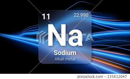 Sodium (Na) (011) Alkali Metal, Glass Morphism Element Futuristic Neon Light Glow Background Periodic Table, Chemical Symbol, Name, Atomic Mass, Atomic Number, Vector Illustration 135612047