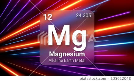 Magnesium (Mg) (012) Alkali Earth Metal, Glass Morphism Element Futuristic Neon Light Glow Background Periodic Table, Chemical Symbol, Name, Atomic Mass, Atomic Number, Vector Illustration 135612048