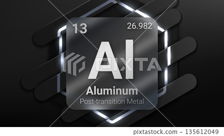Aluminum (Al) (013) Post Transition Metal, Glass Morphism Element Futuristic Neon Light Glow Background Periodic Table, Chemical Symbol, Name, Atomic Mass, Atomic Number, Vector Illustration 135612049