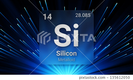 Silicon (Si) (014) Metalloid, Glass Morphism Element Futuristic Neon Light Glow Background Periodic Table, Chemical Symbol, Name, Atomic Mass, Atomic Number, Vector Illustration 135612050