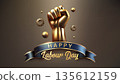 3D Golden Fist Labour Day Celebration with Dark Blue Ribbon, Vector Illustration 135612159