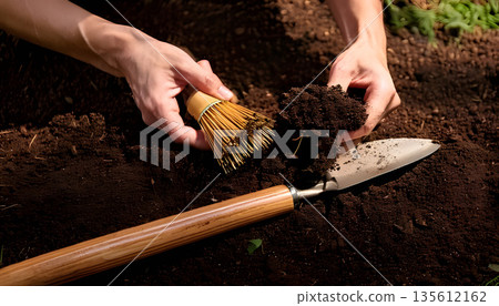 一個男人正在用鏟子耕地 135612162