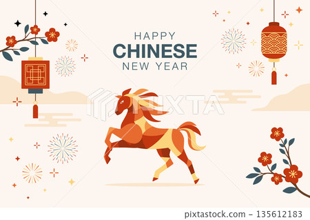 Happy Chinese 2026 New Year Banner with Horse Zodiac, Lanterns, Fireworks and Blossom Branches, Vector Illustration. Chinese New Year Greeting Card Template. Chinese New Year Festive Background 135612183