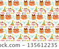 Cute seamless Birthday pattern. Party print with festive bows, gift boxes, party hats, confetti, cakes, candles, hearts on white background. Wrapping paper decor for holidays. Making party paper. 135612235