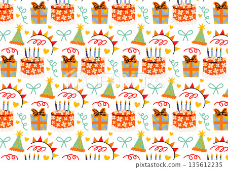 Cute seamless Birthday pattern. Party print with festive bows, gift boxes, party hats, confetti, cakes, candles, hearts on white background. Wrapping paper decor for holidays. Making party paper. 135612235
