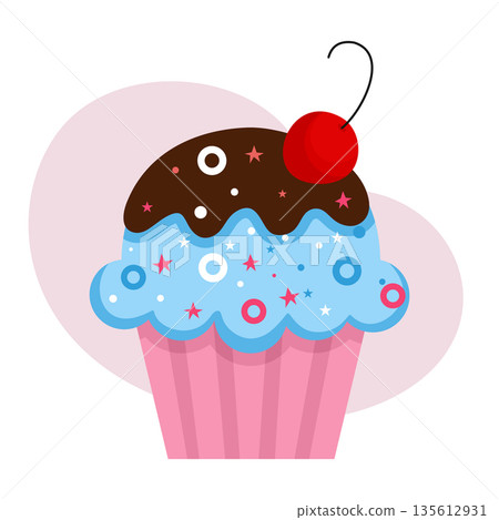 Chocolate cupcake with blue cream and cherries. Stylish cartoon style illustration. Chocolate cupcake with blue cream and cherries. Stylish cartoon style illustration. 135612931