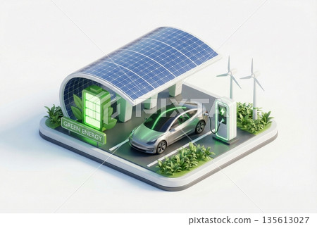 連接到快速充電站的未來主義電動車 135613027