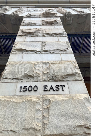 A stone pillar with the number 1500 East written on it. Main Street Station, Richmond. Virginia 135613147