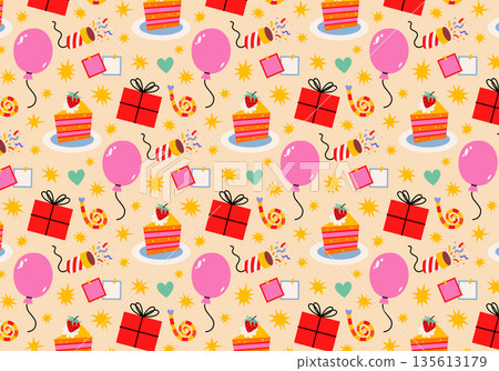 Cute flat seamless Birthday pattern. Party print with festive gift boxes, candles, cakes on plate, toots, petards, hearts and stars on yellow background. Colorful wrapping paper decor for holidays. Cute flat seamless Birthday pattern. Party print with festive gift boxes, candles, cakes on plate, toots, petards, hearts and stars on yellow background. Colorful wrapping paper decor for holidays. 135613179