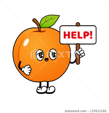 Sad apricot cartoon character holding help sign Sad apricot cartoon character holding help sign 135613288